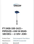 Great Deal!!!!! Onicon Insertion Em Flow Meter Model: FT-3400-100-1A21. Fixed Price $999.00.